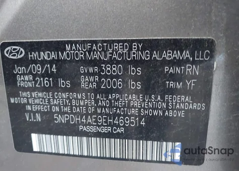 2014 Hyundai Elantra Se from USA, damaged, VIN 5NPDH4AE9EH469514